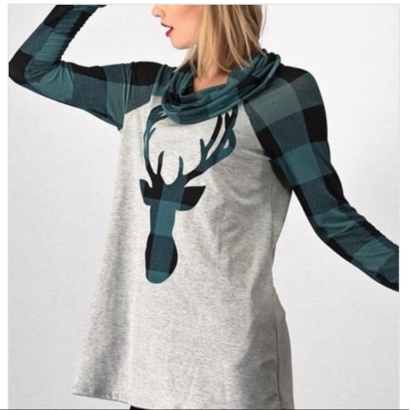 Green Plaid Deer Cowl Long Sleeve Top - Picture 3 of 4